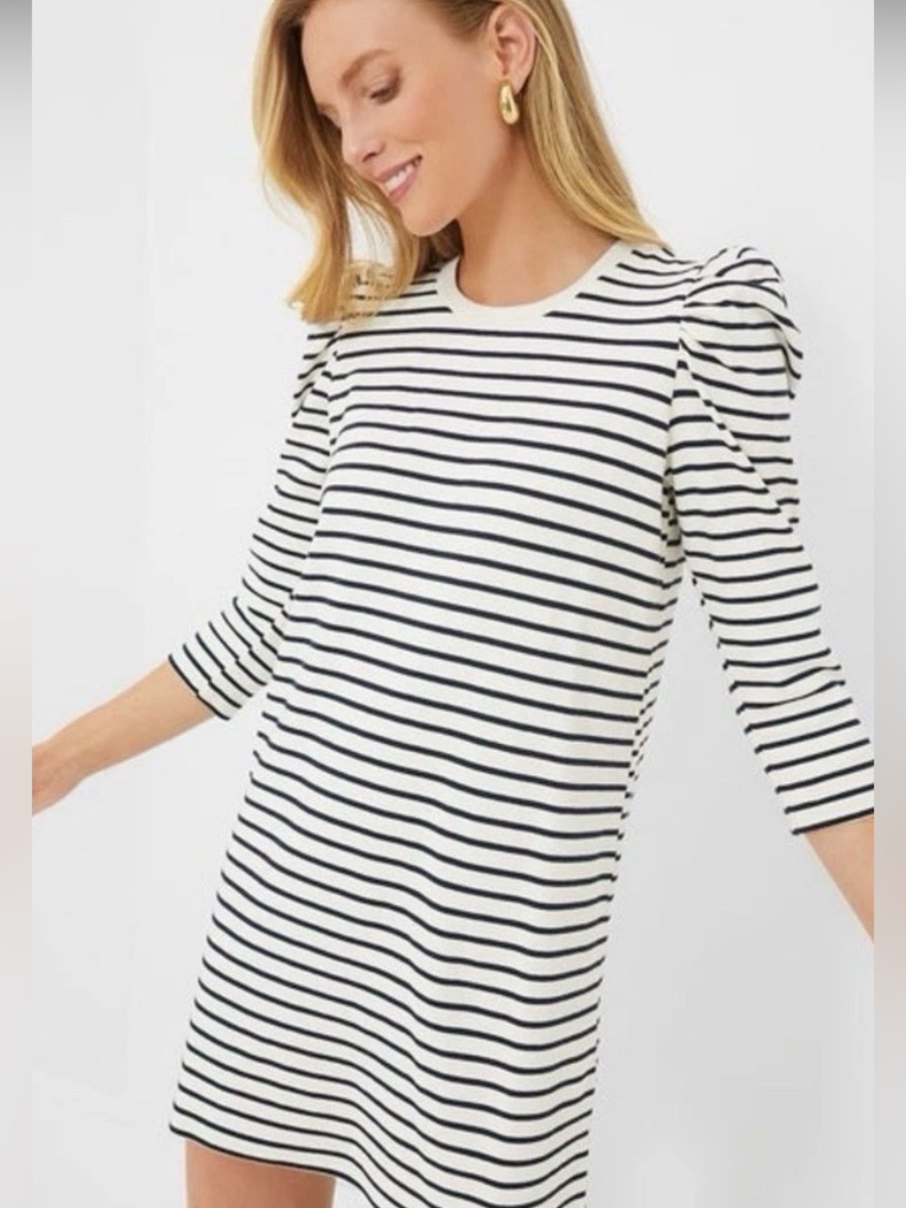 Pomander Place Cream Black Stripe Knit Dress Long Sleeve Stretch Cotton Small